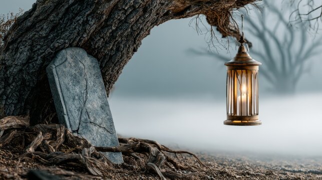 Old cracked stone slab leaning on tree root with hanging lantern light