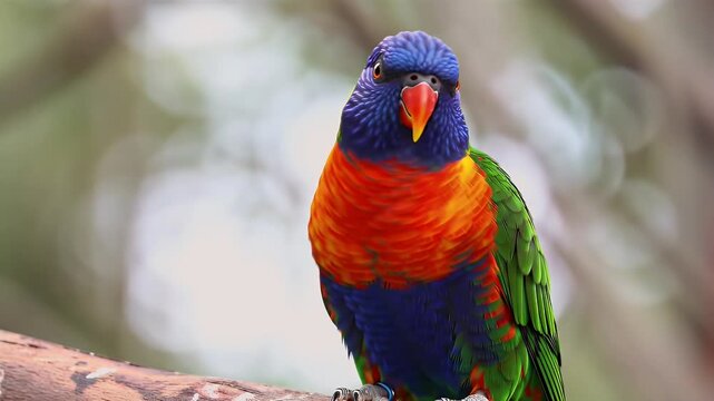Vibrant rainbow lorikeet perched on wooden branch in natural outdoor habitat