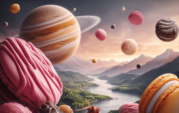 Surreal landscape with giant floating sweet treats and planet in sky