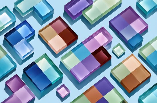 Overhead view of colorful geometric glass blocks on a light blue background
