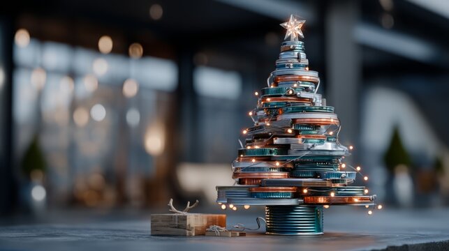Small decorative Christmas tree made of metal and circuit board elements with lights