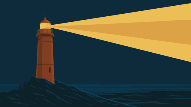 Illustration of a lighthouse shining its beam across the dark sea at night