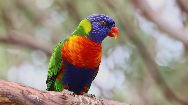 Vibrant rainbow lorikeet perched on branch in lush green natural habitat