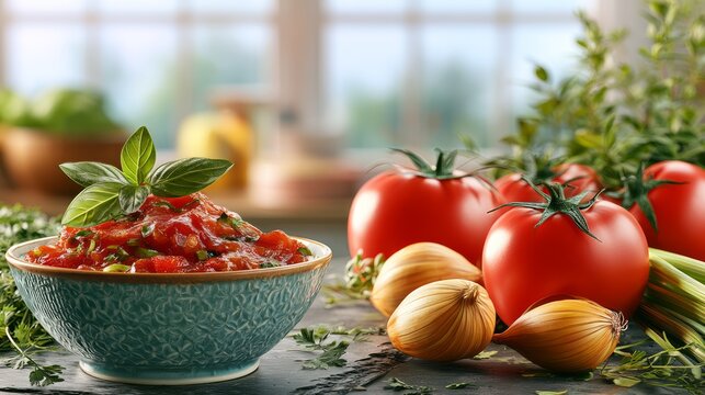 Fresh Homegrown Tomatoes with Garlic and Basil on a Rustic Kitchen Table