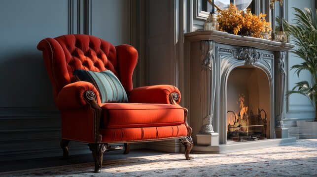 Elegant Red Armchair in Classic Living Room with Fireplace and Cozy Ambiance
