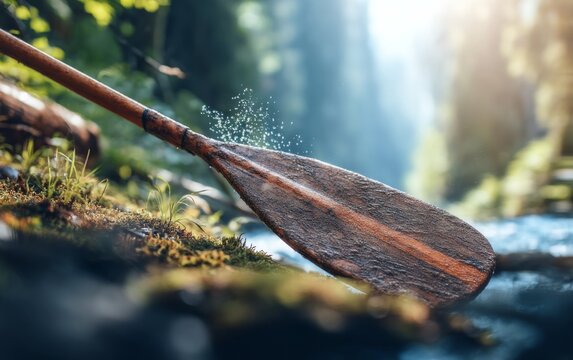 Wooden paddle resting on mossy riverbank with water droplets splashing