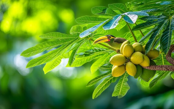 Colorful bird perched on tropical tree branch with fresh green fruit in bright sunlight