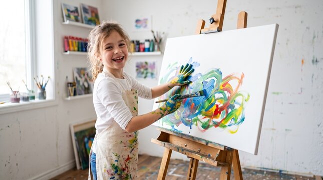 Joyful young girl with paint covered hands enthusiastically creating abstract art on canvas at an easel