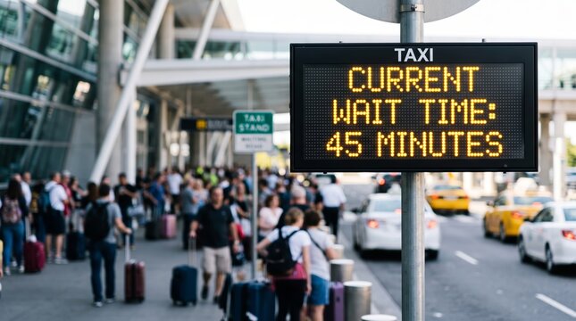 Airport taxi stand sign showing forty five minute wait time