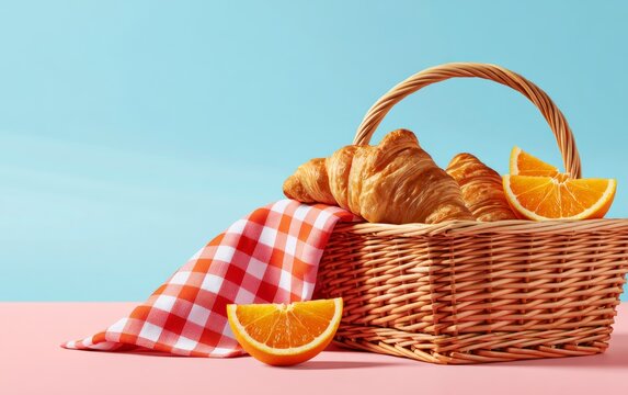 Fresh Croissants and Fruit in Wicker Basket with Cloth and Orange Slices on Pastel Background