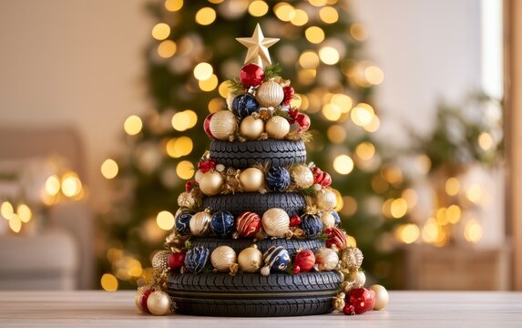 Creative Christmas tree made of stacked car tires decorated with golden and red ornaments
