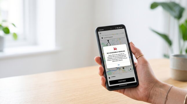 Hand holding smartphone showing taxi app accessibility error message