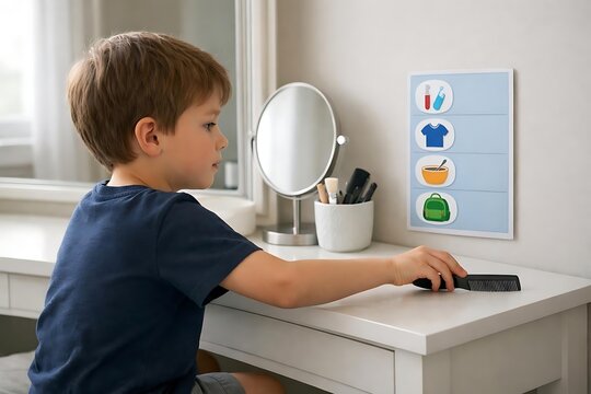 Child Using Visual Self Care Schedule For Daily Routine