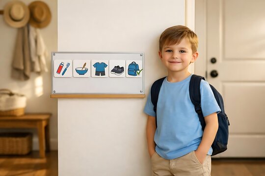 Child Wearing Backpack After Completing Visual Routine