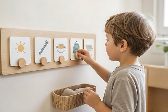 Child Selecting Visual Morning Routine Cards For Daily Independence