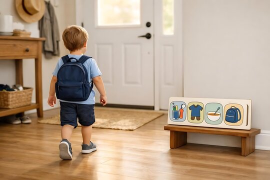 Child With Backpack Following Visual School Morning Routine