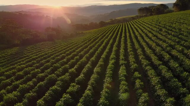 A scenic view of lush green agricultural crops growing in neat rows on a hillside at.