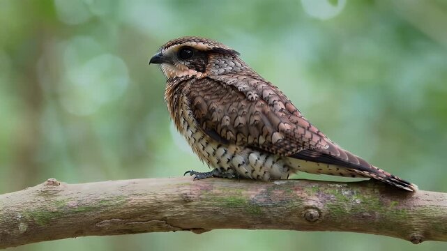 Close-up of brown speckled nightjar bird perched on weathered branch in natural habitat