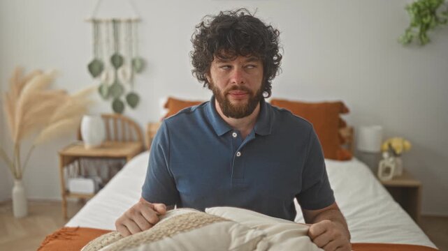 Man covers ears with patterned throw pillows on bed in a calm bedroom inside a building, pressing cushions to head and wincing at loud noise; frustration sleep disruption.