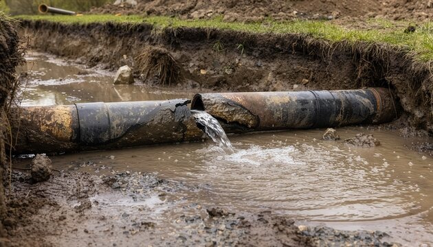 Exposed damaged underground water pipe leaking into wet soil, visible crack and flowing water.