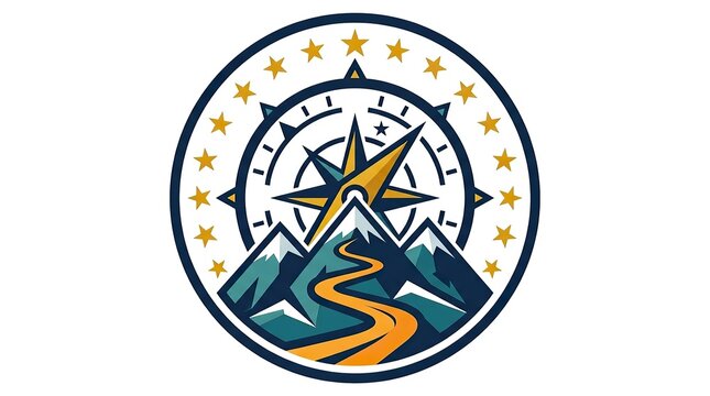 Vintage compass rose with mountain trail and golden arrow for adventure and travel branding