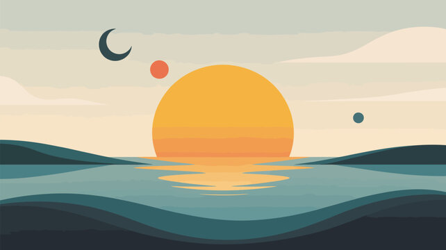 Minimalist surreal landscape vector illustration with a large yellow sun, crescent moon, and calm ocean waves in retro aesthetic colors