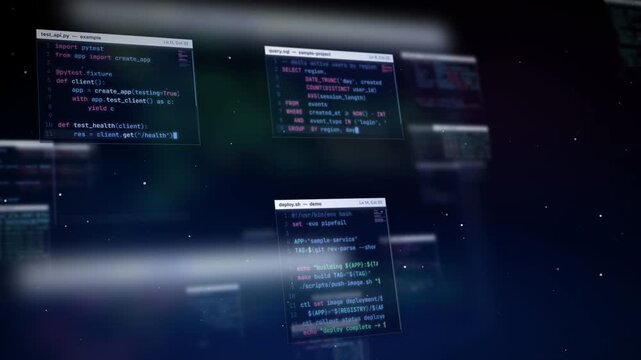 Floating code editor and terminal windows drifting in dark blue digital space
