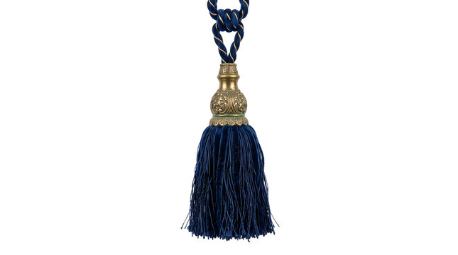 A vintage dark blue and gold tassel used for drapery, curtain tiebacks, and ornamental decoration, showcasing classic elegance and luxurious design.