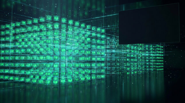 Abstract futuristic data center with glowing green digital grid representing quantum computing cloud storage network server room and advanced artificial intelligence technology background.