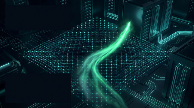 Futuristic data center concept with glowing green light trails flowing over a digital microchip grid representing high speed cloud computing network and advanced cyber security technology.