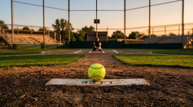 Yellow softball on pitching rubber at sunset on field.
