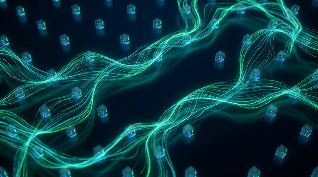Abstract digital data center network visualization with glowing green fiber optic light waves and blue server node icons representing cloud computing technology and high speed internet transfer.
