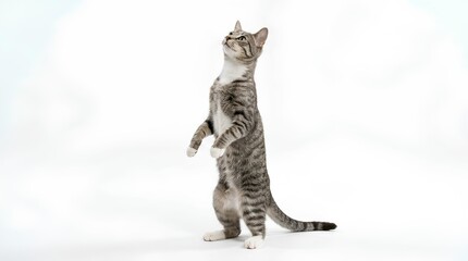 Fototapeta premium Tabby kitten standing on hind legs looking up.