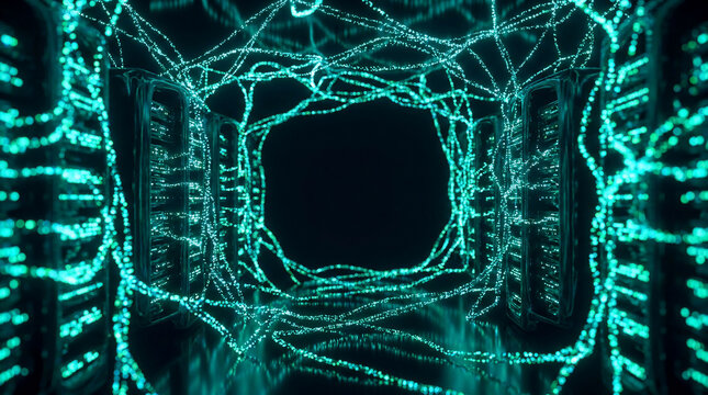 Abstract digital data center tunnel with glowing cyan light particles representing high speed internet connection fiber optic network and cloud computing technology data transfer.