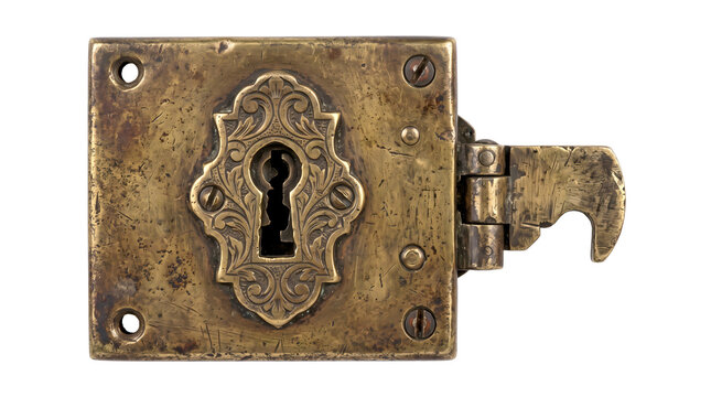 Antique brass rim lock with decorative keyhole plate and hinged latch bolt serves as an ideal design element for rustic doors and vintage security concepts.