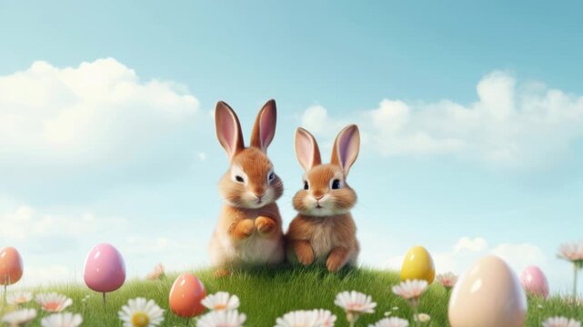 Charming video concept of two bunnies on grass with eggs, shot from a low angle. Live desktop wallpaper.