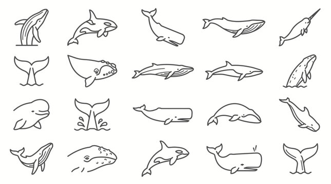 Collection of hand-drawn whale illustrations in various poses and species.