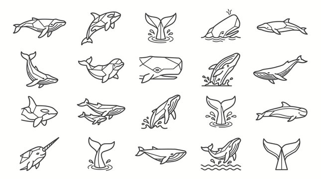 Collection of stylized whale and dolphin illustrations in a line art style.
