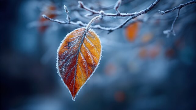 Intricate frost patterns adorning a single fallen autumn leaf hanging from a delicate branch in cold winter weather