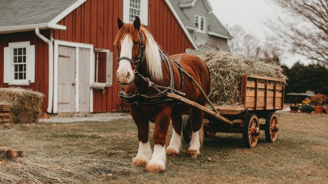 Powerful draft horse with chestnut coat and white markings pulling a hay-filled wagon near a rustic barn