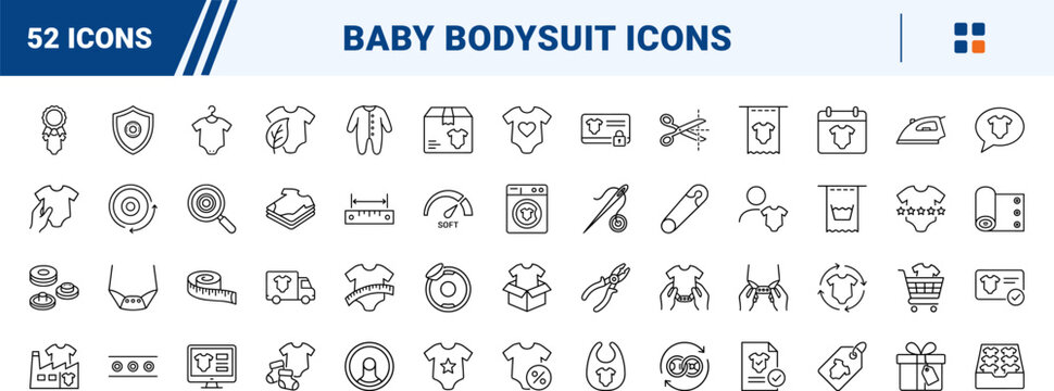 Baby bodysuit snap fastener line icon set. Vector pictograms of onesie, row, press, and stud elements, thin linear illustration.