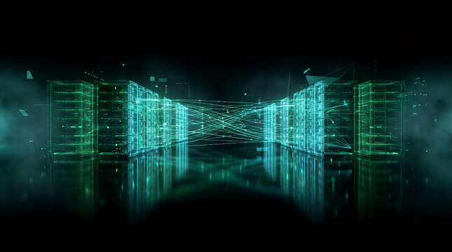 Futuristic digital data center with glowing green server racks and cyber security network connections representing cloud computing database storage and high speed internet technology.