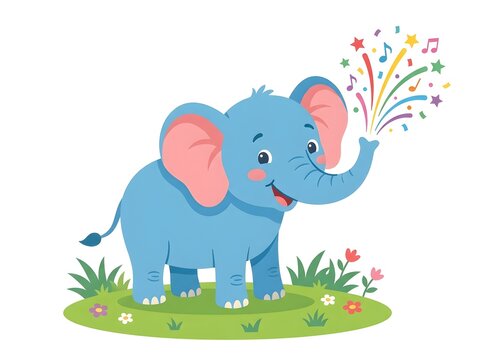 A cute cartoon blue elephant standing on a green meadow blowing colorful confetti from its trunk in a joyful celebration of a birthday