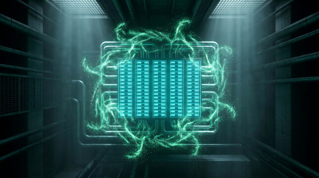 Futuristic quantum computer microchip glowing with green energy inside a dark high tech data center server room representing advanced artificial intelligence and cloud computing power.