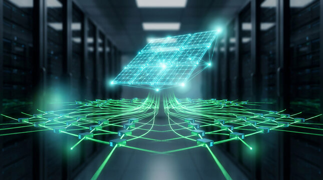 Futuristic data center server room with glowing green digital network connections on the floor and a bright blue holographic grid interface symbolizing cloud computing and big data storage.