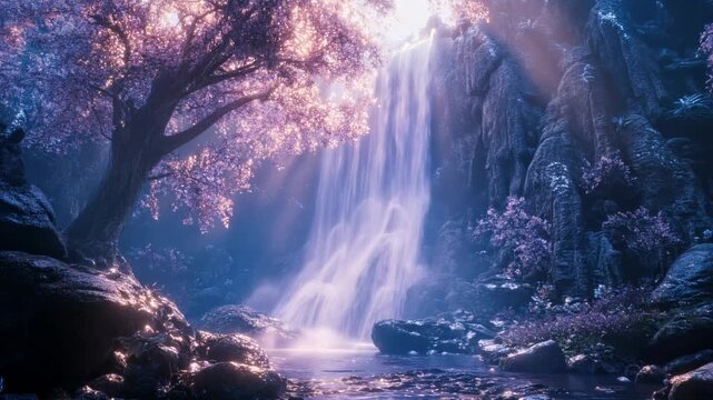 Enchanting waterfall scene with ethereal lighting and pink foliage, captured from a low angle, reminiscent of a fantasy video setting. Live desktop wallpaper.