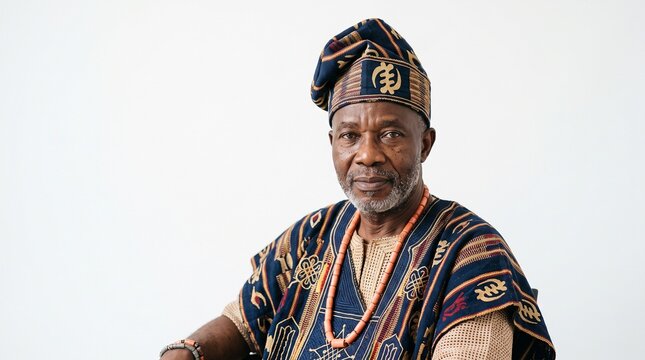Elderly African man in traditional attire smiling confidently