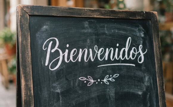 Bienvenidos, cartel de pizarra con mensaje de bienvenida en Espanol, rotulo de bienvenida para negocios, tiendas y restaurantes