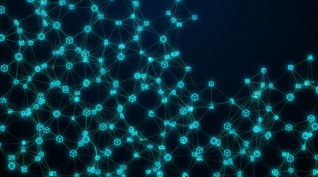 Abstract data center network background with glowing cyan nodes and digital connections representing cloud computing big data transfer neural network and global communication technology.
