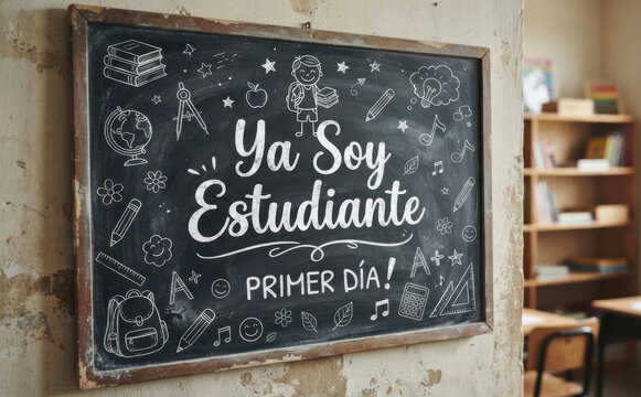 Ya Soy Estudiante Primer D&iacute;a! Pizarra escolar con dibujos de vuelta al clases para educaci&oacute;n infantil